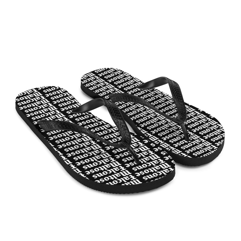 MF Text In Brick Pattern White On Black Flip Flops